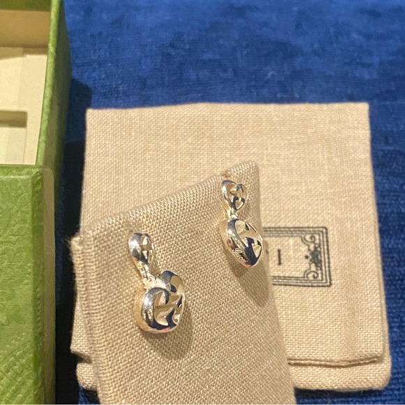 Gucci Love Britt Double Heart Drop Earrings Interlocking G Authentic - Picture 3 of 7